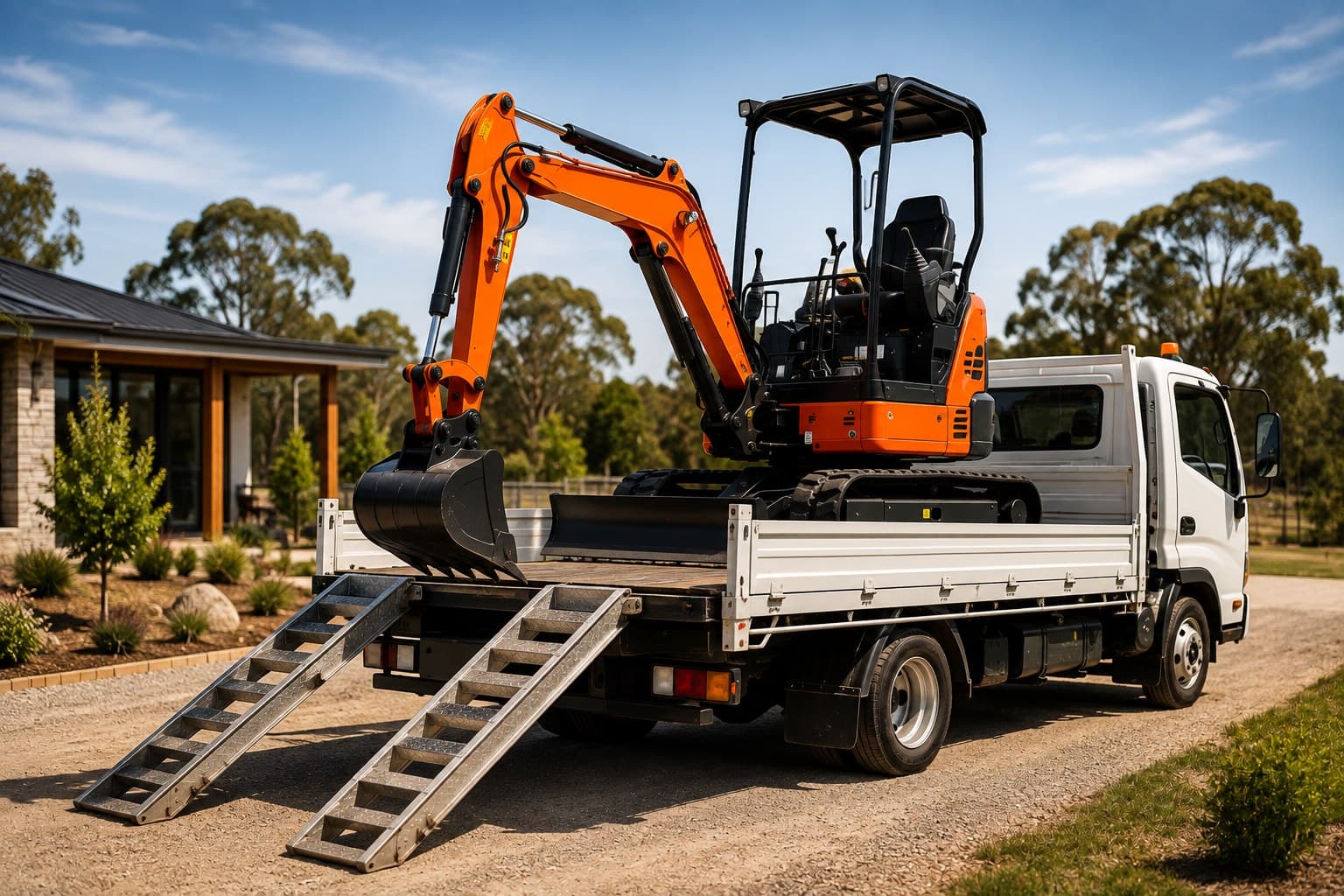 Dig Ready mini excavator being delivered on a flatbed truck to a residential site