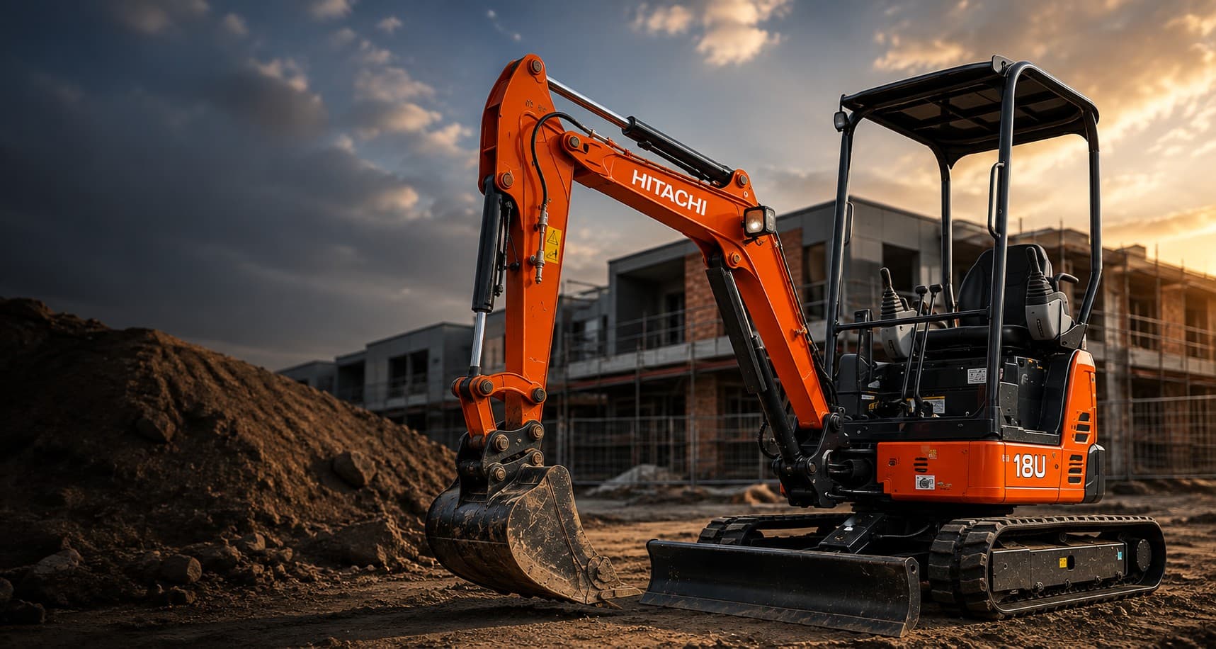 Dig Ready mini excavator on an active residential construction site at dusk